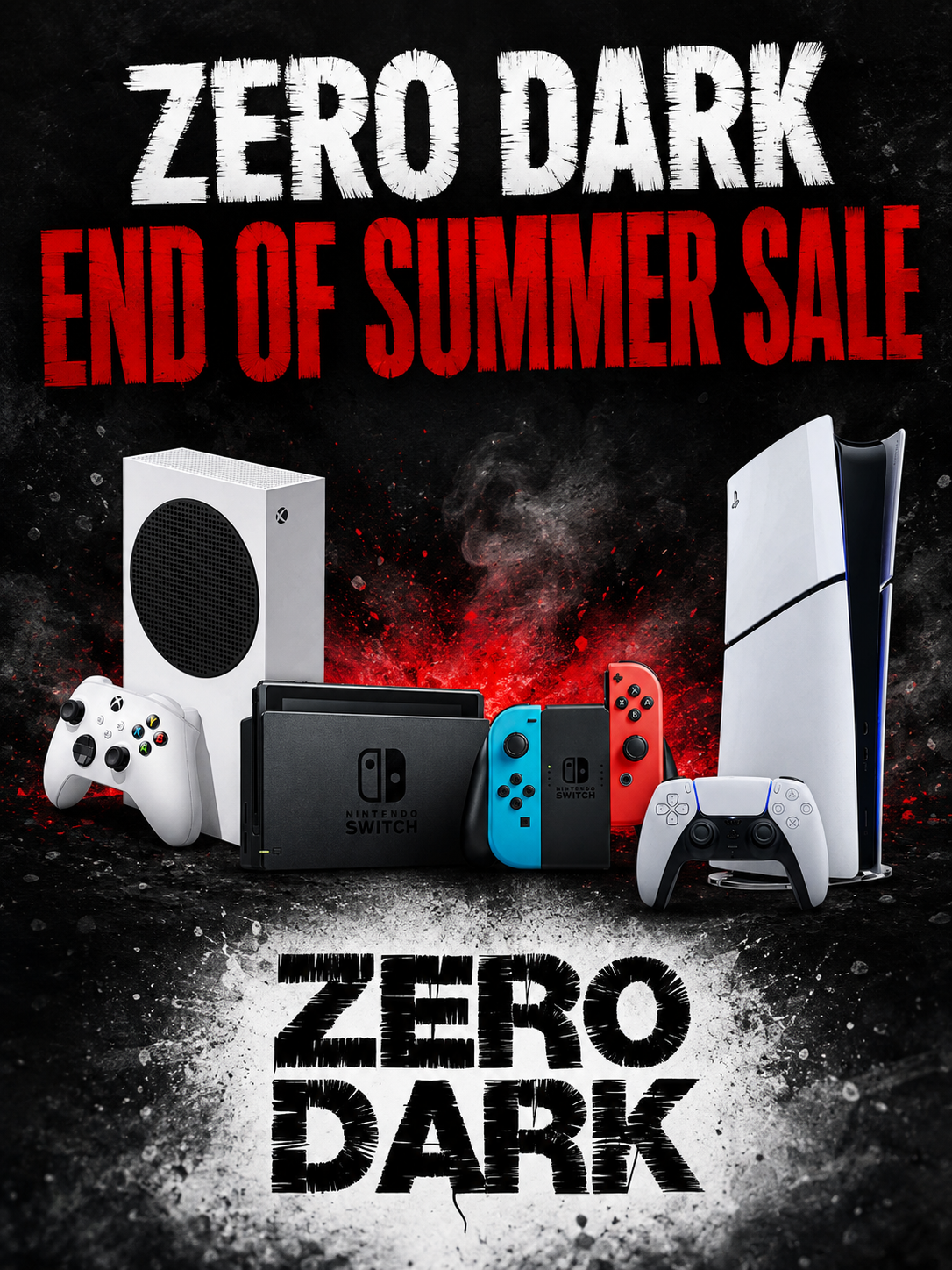 Zero Dark End of Summer Sale graphic with used Xbox, PlayStation, and Nintendo consoles